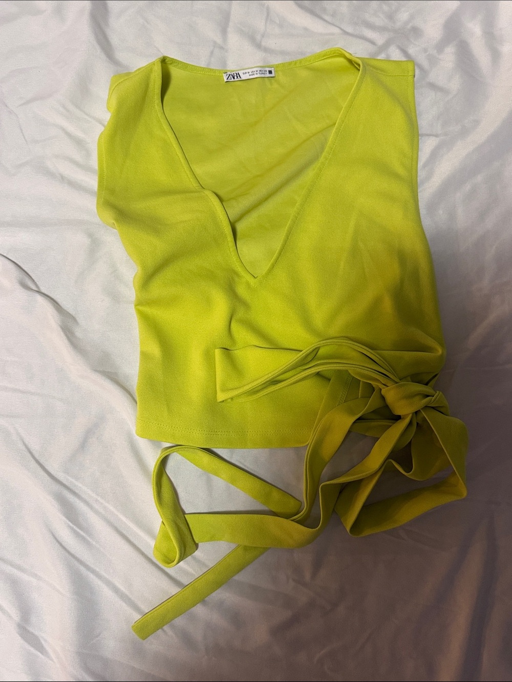 Zara Neon Lime V-Neck Sleeveless Tie-Waist Tank